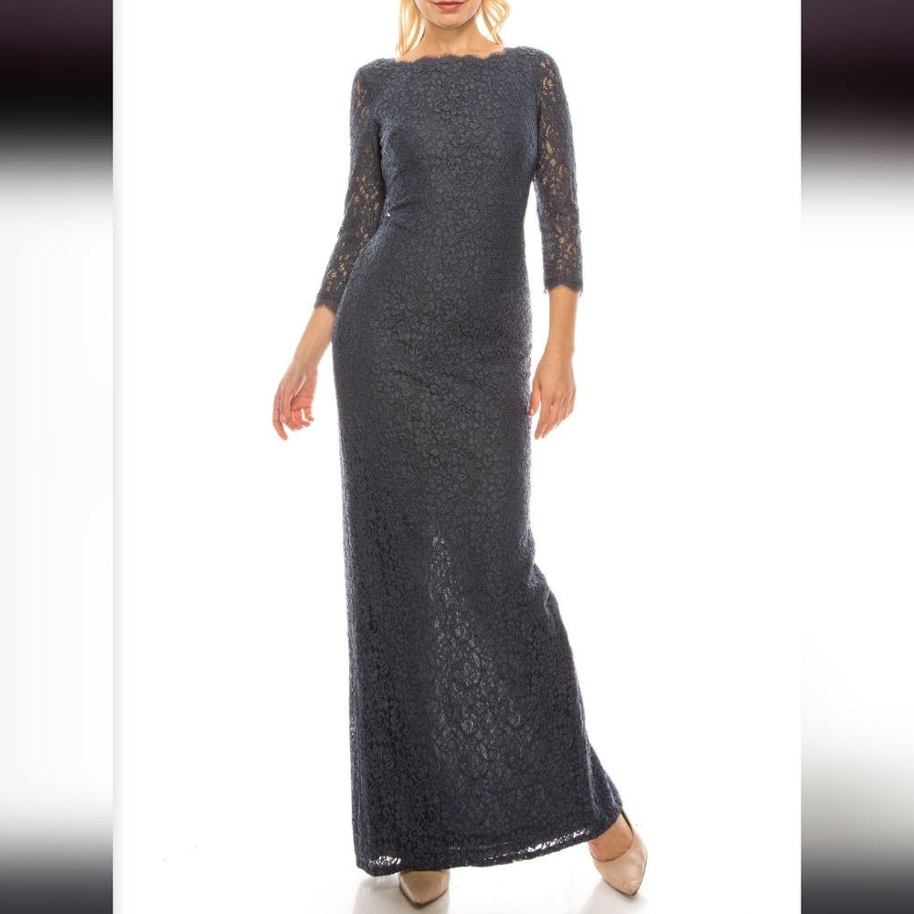 NWT Adrianna Papell Gunmetal Lace long evening dress